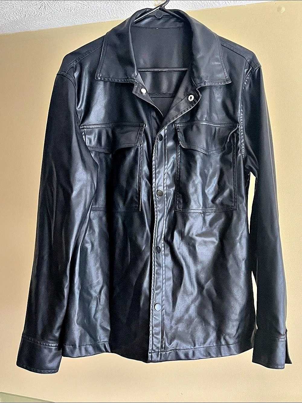 Black Snap-Front Faux Leather Shirt Jacket Like New
